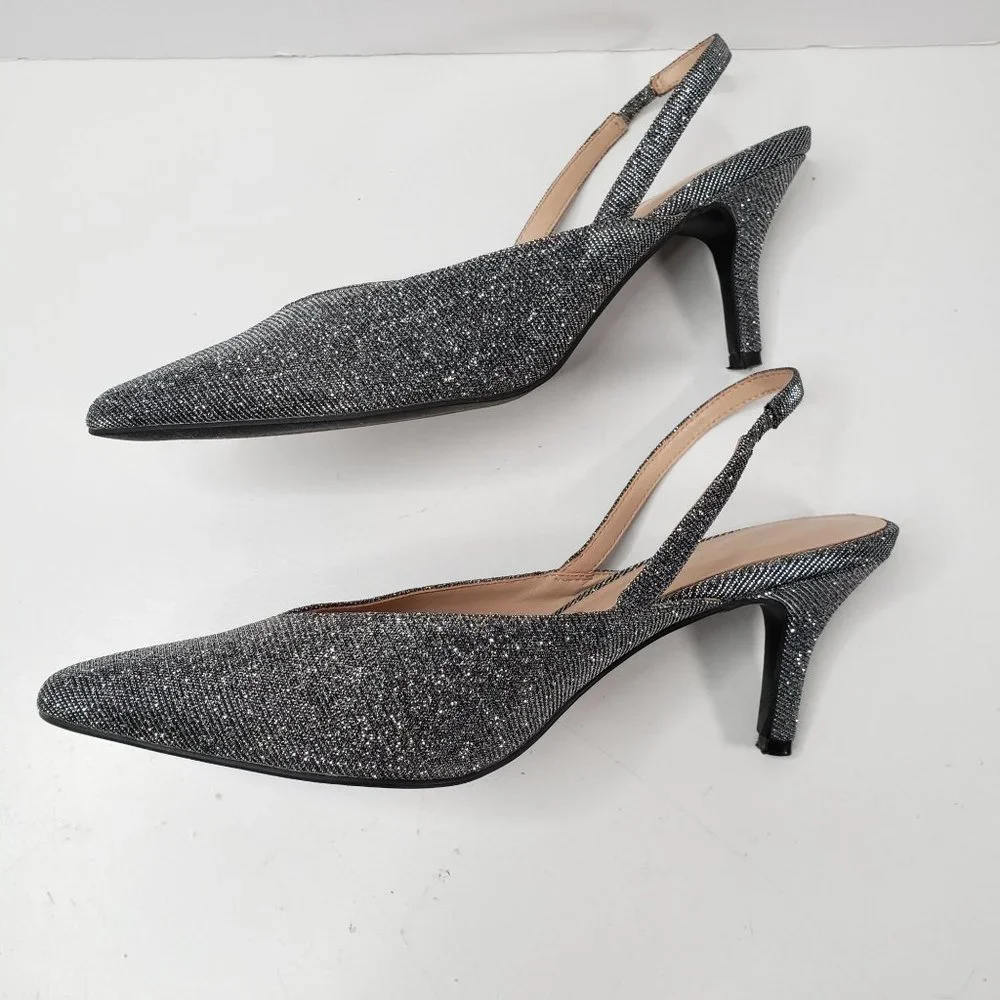 Ann Taylor Sling Back Kitten Heel Sz 8.5 Silver metallic Low Heeled Event Shoes - Picture 7 of 10